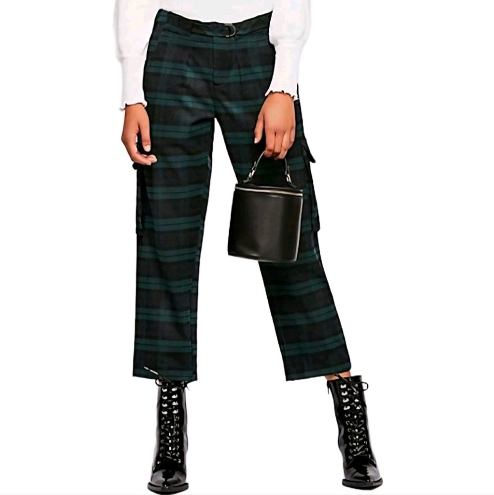 Free People High-Rise Plaid Relaxed Fit Slim Crop Cargo Pants